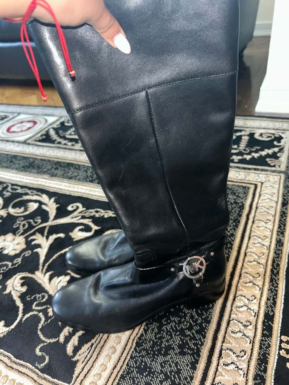 Michael Kors Black Leather Riding Boots with MK Medallion Size 11M